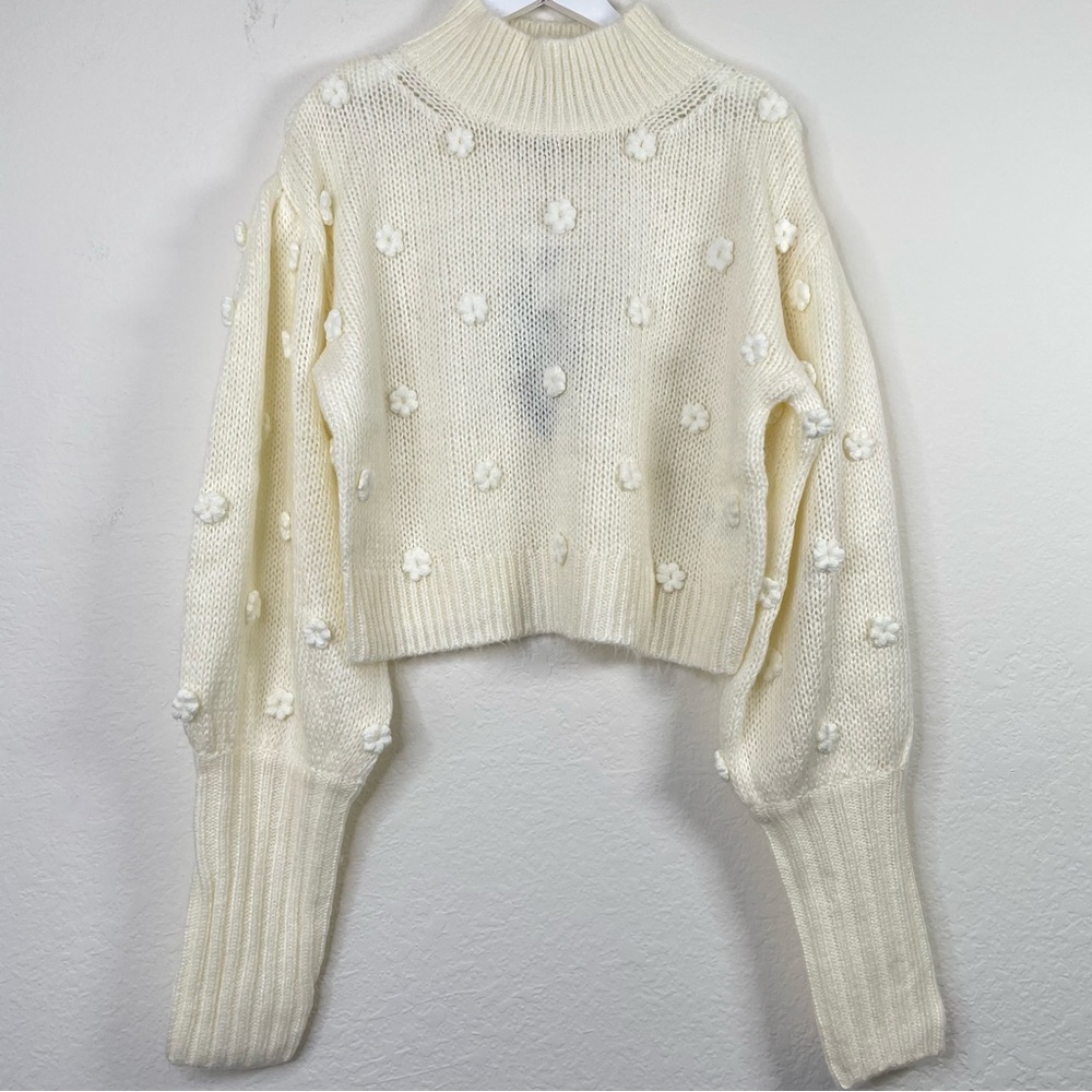 sold FARM Rio Floral Applique Lantern-Sleeve Sweater - Large - Off-White - Picture 2 of 11